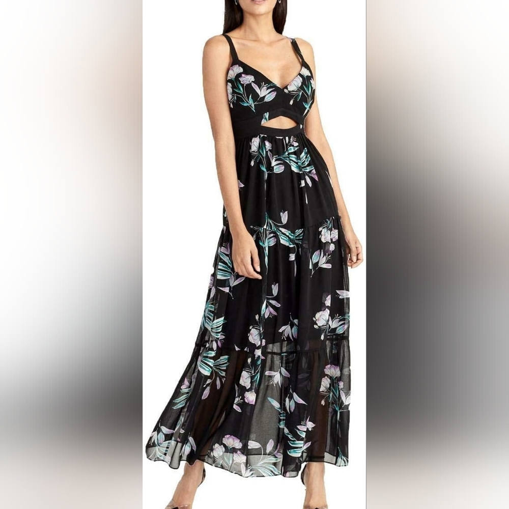 Rachel Roy Size 8 Black Maxi Dress Spring Summer Floral Flowers Cutout
